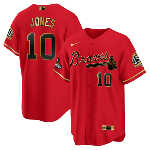 Men's Atlanta Braves #10 Chipper Jones 2021 Red/Gold World Series Champions With 150th Anniversary Patch Cool Base Stitched Jersey